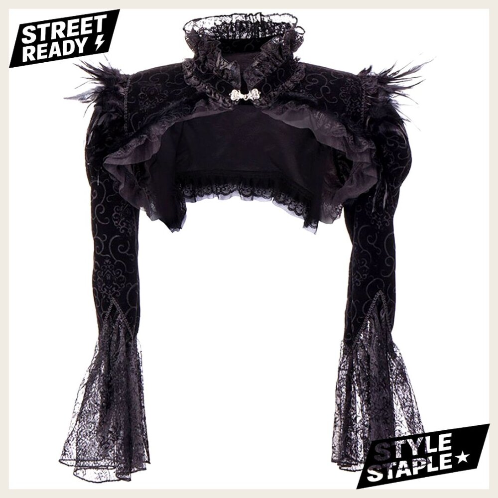 Steampunk Feather Jacket Shrug Long Sleeve Flannel Lace Vintage Bolero